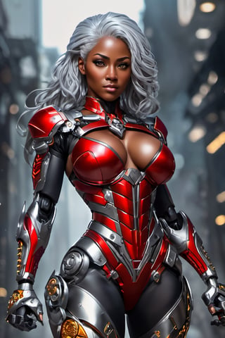 X-men Storm,  (Black female),(African),dark skin) (silver hair),UHD,  super detailed,  muscular physique, hands waist high glowing with electric bolts, perfect muscular body,  full_body,  battle_stance,((wearing red steel black and gold body armor))  
cyberpunk,SteelHeartQuiron character,elina,lun4,photo r3al