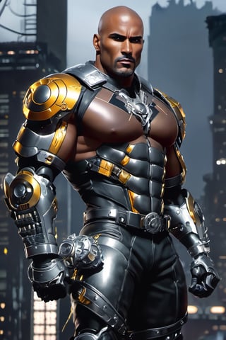 X-men cable,  (Black male),(African), very dark skin), ((( best mixture of the rock and boris kodjoe))) bald headed, silver mustache and goatee,UHD,  super detailed, very muscular physique, (((hands waist high glowing with electric bolts))), perfect muscular body,  full_body,  battle_stance,((wearing black steel body armor))  
cyberpunk,SteelHeartQuiron character,elina,lun4,photo r3al