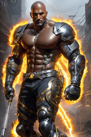 X-men cable,  (Black male),(African), very dark skin), ((( best mixture of the rock and boris kodjoe))), eyes glowing gold flames, bald headed, silver mustache and goatee,UHD,  super detailed, very muscular physique, (((hands waist high glowing with electric bolts))), perfect muscular body,  full_body,  battle_stance,((wearing black steel body armor))  
cyberpunk,SteelHeartQuiron character,elina,lun4,photo r3al