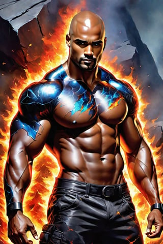 Glass crack and electrical sparking black fire colourfull very beautiful mixture of the rock and boris kodjoe, body artist in painting work, ideal body proportion,very muscular, super  human anatomy, 