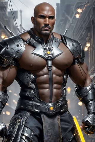 X-men cable,  (Black male),(African), very dark skin), ((( best mixture of the rock and boris kodjoe))) bald headed, silver mustache and goatee,UHD,  super detailed, very muscular physique, (((hands waist high glowing with electric bolts))), perfect muscular body,  full_body,  battle_stance,((wearing black steel body armor))  
cyberpunk,SteelHeartQuiron character,elina,lun4,photo r3al