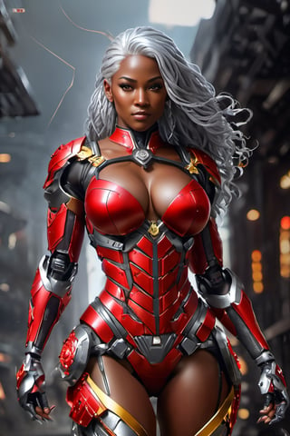 X-men Storm,  (Black female),(African),dark skin) (silver hair),UHD,  super detailed,  muscular physique, hands waist high glowing with electric bolts, perfect muscular body,  full_body,  battle_stance,((wearing red steel black and gold body armor))  
cyberpunk,SteelHeartQuiron character,elina,lun4,photo r3al