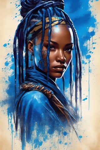 illustration, paint on old parchment paper, woman ninja, (((stunningly beautiful african woman))), long black and blue dreadlocks. 25 years old. Eyes, blue_eyes, serious and caring face, cute. Perfect lips, in the rain, wet skin. sword, xxmix_girl, detailed eyes, pretty face, wide nose, slim eyes, athletic body, toned body, nice legs, toned legs, large breast, full body, cinematic lighting from behind, blue neon dust, blue neon glow, black ninja clothes with blue accent. futuristic hi-tech outfit, long purple neck scarf, dynamic pose, action, from below,ink scenery, black and blue colors only, pen and brush stroke, action_lines, motion_lines