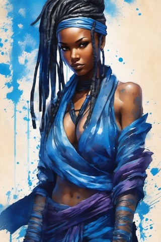 illustration, paint on old parchment paper, woman ninja, (((stunningly beautiful african woman))), long black and blue dreadlocks. 25 years old. Eyes, blue_eyes, serious and caring face, cute. Perfect lips, in the rain, wet skin. sword, xxmix_girl, detailed eyes, pretty face, wide nose, slim eyes, athletic body, toned body, nice legs, toned legs, large breast, full body, cinematic lighting from behind, blue neon dust, blue neon glow, black ninja clothes with blue accent. futuristic hi-tech outfit, long purple neck scarf, dynamic pose, action, from below,ink scenery, black and blue colors only, pen and brush stroke, action_lines, motion_lines