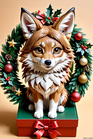 a((( little more brown))) coyote wearing Christmas wreath,Apoloniasxmasbox,xxmix_girl