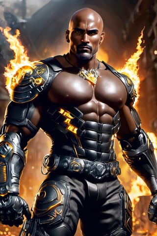 X-men cable,  (Black male),(African), very dark skin), ((( best mixture of the rock and boris kodjoe))), eyes glowing gold flames, bald headed, silver mustache and goatee,UHD,  super detailed, very muscular physique, (((hands waist high glowing with electric bolts))), perfect muscular body,  full_body,  battle_stance,((wearing black steel body armor))  
cyberpunk,SteelHeartQuiron character,elina,lun4,photo r3al