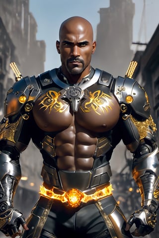 X-men cable,  (Black male),(African), very dark skin), ((( best mixture of the rock and boris kodjoe))), eyes glowing gold flames, bald headed, silver mustache and goatee,UHD,  super detailed, very muscular physique, (((hands waist high glowing with electric bolts))), perfect muscular body,  full_body,  battle_stance,((wearing black steel body armor))  
cyberpunk,SteelHeartQuiron character,elina,lun4,photo r3al