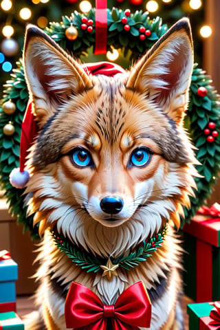 a (((tan and black and brown))), blue eyes coyote with Christmas wreath in the background, Apoloniasxmasbox,xxmix_girl