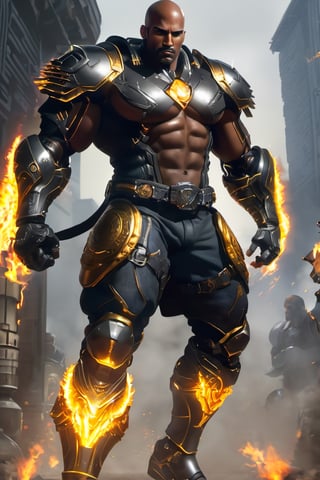 X-men cable,  (Black male),(African), very dark skin), ((( best mixture of the rock and boris kodjoe))), eyes glowing gold flames, bald headed, silver mustache and goatee,UHD,  super detailed, very muscular physique, (((hands waist high glowing with electric bolts))), perfect muscular body,  full_body,  battle_stance,((wearing black steel body armor))  
cyberpunk,SteelHeartQuiron character,elina,lun4,photo r3al