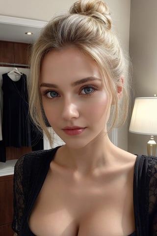 best quality,masterpiece,detailed,16k,beautiful detailed face,beautiful detailed eyes,8k,female_solo,prefect body, prefect face, full body, (blonde hair in messy bun),(tight black cocktail dress), (perfect large breasts:1), cleavage, seductive pose,chuuChloe