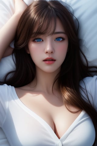 Best quality, masterpiece, ultra high res, (photorealistic:1.37), raw photo, 1girl, long hair, blue eyes, detailed eyes and face, laying on white bed, white shirt, dynamic lighting, in the dark, deep shadow, low key