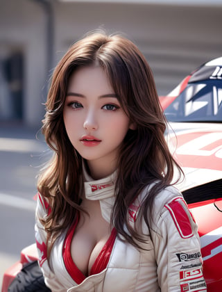 (Best quality, masterpiece, epic, photorealistic:1.4), 21yo girl, flowing hair, (skinny:1.2), (medium breasts:1.2), (cleavage), (race car driver:1.3), sexy pose, looking at viewer, fujifilm,realhands,1 girl