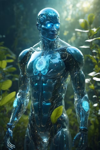 nature as part of human body, front facing, fullbody, front side, subsurface scattering, transparent, translucent skin, glow, bloom, Bioluminescent liquid,3d style,cyborg style,Movie Still,Leonardo Style