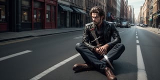 man sitting on the road with sword
