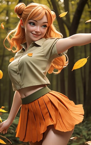 Best quality, masterpiece, ultra high res, (photorealistic:1.37), raw photo, 1girl, smiling Fairy Woman, adult female, Orange and blonde hair, Skirt made of Leaves, Shirt Made of Leaves, Nude, Dynamic Lighting,  Fairy flying in forest, single hair bun