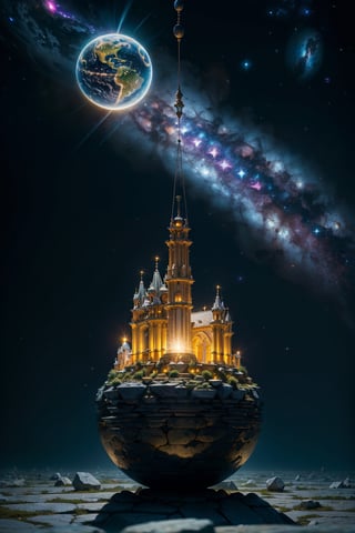 (masterpiece), insanely detailed, hyper realistic, 32k resolution, an acient mythical structure, (made from from stones, suspended in the space:1.4), yellow glowing light, day light, (earth, moon, galaxy, nebula:1.2), (hdr:1.4), award-winning, closeup, cinematic, depth of field,DonMASKTex 