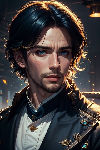 ((best quality)), ((masterpiece)), (detailed), artstation , portrait , highly detailed , (a man:1.5) ,looking at distance:1.2), highly detailed Hair, perfect face, blue eyes, blue ray , (black Hair:1.4) , majestic , mysteries , magical , fantasy ,ling_long