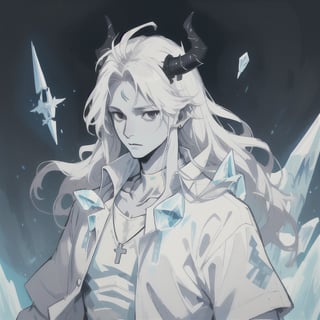 man, god, navy long spiky hair, black eyes, good quality, intricate white shirt, man, white skin, ice powers, blue neckless, ancient, white horns.