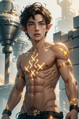 1boy, Highres, best quality, extremely detailed, area lighting in background, HD, 8k, extremely intricate:1.3), realistic, SMALL BODY, CUTE,GlowingRunes_yellow, stomach,elf