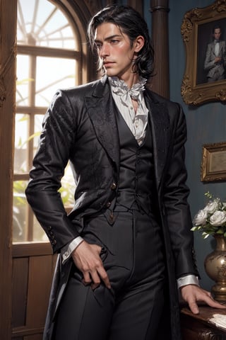 1man, asaian, (Cowboy-shot:1.2), victorian aristocrat clothes, detailed, white skin, black hair, hd, 4K, realistic, black clothes, photorealistic