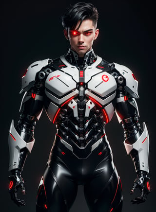 1male, nijistyle, full body of cyborg male, handsome face, beautiful detailed eyes, 8k, cybernetic jaw, mechanical parts, white shirt, unbottoned, black latex skirt, metal skin, glowing red eyes, cables, wires, black hair, simple background