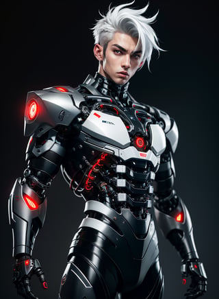 1male, nijistyle, full body of cyborg male, handsome face, beautiful detailed eyes, 8k, cybernetic jaw, mechanical parts, white shirt, unbottoned, black latex skirt, metal skin, red eyes, cables, wires, White hair, simple background, bulge