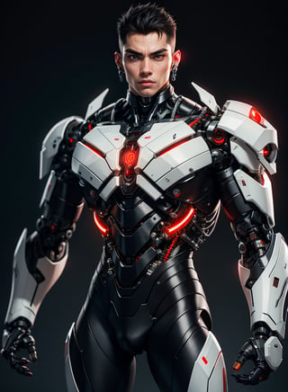 1male, nijistyle, full body of cyborg male, handsome face, beautiful detailed eyes, 8k, cybernetic jaw, mechanical parts, white shirt, unbottoned, nude, penis, metal skin, glowing red eyes, cables, wires, black hair, simple background