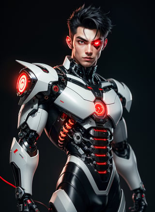 1male, nijistyle, full body of cyborg male, handsome face, beautiful detailed eyes, 8k, cybernetic jaw, mechanical parts, white shirt, unbottoned, nude, penis, metal skin, glowing red eyes, cables, wires, black hair, simple background