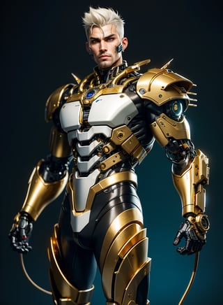 1male, nijistyle, 30 years old, full body of cyborg male, cowboy shot, handsome face, beautiful detailed eyes, 8k, cybernetic jaw, mechanical parts, white shirt, unbottoned, gold latex skirt, metal skin, gold eyes, cables, wires, multi hair, simple background, bulge,arshadArt