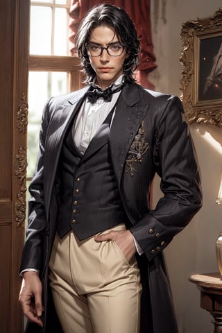 1man, asaian, (Cowboy-shot:1.2), victorian aristocrat clothes, detailed, white skin, black hair, glasses, hd, 4K, realistic, black clothes, photorealistic