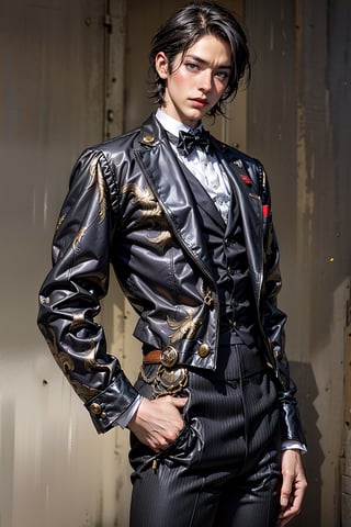 1man, asaian, (Cowboy-shot:1.2), victorian aristocrat clothes, detailed, white skin, black hair, hd, 4K, realistic, black clothes, photorealistic