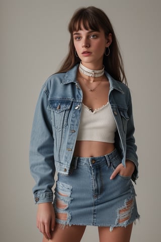 photography of a 20yo woman, masterpiece, denim jacket with inner nickĕ crop top color white, choker
,photorealistic,analog,realism, whole body with denim tattered skirt 