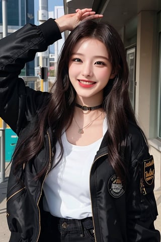 photography of a 20yo woman, masterpiece, black jacket, choker
,photorealistic,analog,realism, A radiant girl beaming with a genuine smile, spreading joy and positivity wherever she go