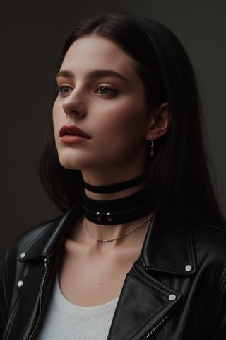 photography of a 20yo woman, masterpiece, black jacket, choker
,photorealistic,analog,realism