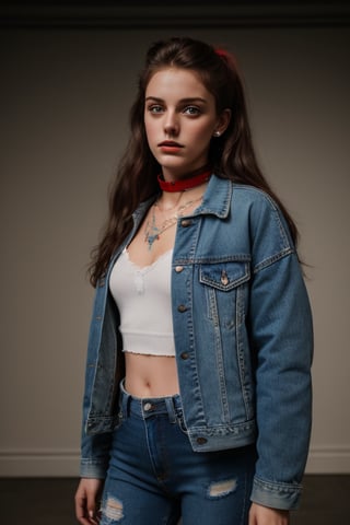 photography of a 20yo woman, masterpiece, red jacket, choker
,photorealistic,analog,realism, whole body with blue tattered jeans