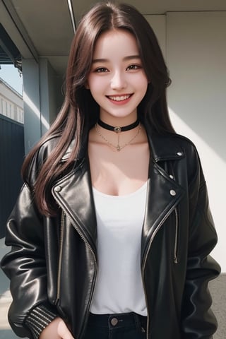 photography of a 20yo woman, masterpiece, black jacket, choker
,photorealistic,analog,realism, A radiant girl beaming with a genuine smile, spreading joy and positivity wherever she go,