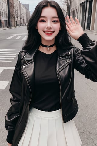 photography of a 20yo woman, masterpiece, black jacket, choker
,photorealistic,analog,realism, A radiant girl beaming with a genuine smile, spreading joy and positivity wherever she go,