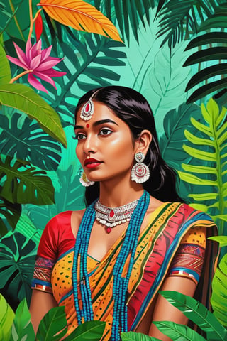 Create a vibrant pop art inspired digital drawing of an Indian girl immersed in a lush jungle. Use bold, contrasting colors to bring her to life, accentuating her traditional attire and intricate jewelry. Capture the sense of mystery and enchantment as she stands tall, surrounded by exotic flora and fauna.