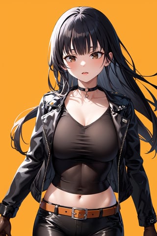 masterpiece, best quality, highres, vivid, aaanna, long hair, brown eyes, large breasts, leather_jacket, black shirt, v-neck, black shorts, midriff, buckle_belt, black gloves, choker,

orange background, orange theme, abrstact_background,