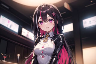 (masterpiece:1.3), (absurdres:1.3), (best quality:1.3), detailed eyes, face, upper_body,1girl, solo, azki_(hololive), 1girl, solo, multicolored hair, pink hair, glowing eyes, purple eyes, black hair, hair between eyes, jewelry, x hair ornament, bangs, very long hair, streaked hair, hairclip, smile, mouth closed, black bodysuit, latex, shiny clothes, ray tracing, sitting, from below,