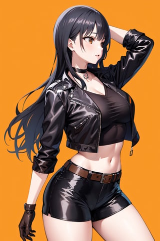 masterpiece, best quality, highres, vivid, aaanna, long hair, brown eyes, large breasts, leather_jacket, black shirt, v-neck, black shorts, midriff, buckle_belt, black gloves, choker, side_view,

orange background, orange theme, line-art, line-background,