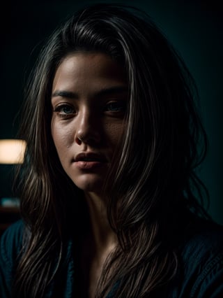 close-up, editorial photograph of a 20 yo woman from the 1940's), (highly detailed face:1.4) (smile:0.7) (background inside dark, moody, private study:1.3), POV, by lee jeffries, nikon d850, film stock photograph ,4 kodak portra 400 ,camera f1.6 lens ,rich colors ,hyper realistic ,lifelike texture, dramatic lighting , cinestill 800,dark studio,dark theme