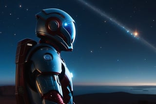 Ironman astronaut in a modern and advance planet Mars watching the meteor shower, the sky is wide, blue dark, borealis,more detail XL,glitter