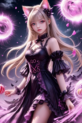 Masterpiece, Very High Stereotypes, Very Detailed Unity 8k CG wallpaper, Fantasy theme, Depressing feeling, Detailed face, Stunningly beautiful 17 year old girl, Death of a woman, Soul Destroyer, Blonde hair, Gothic Lolita dress, Cat ears, Stunningly beautiful face, Style - Whirlpool magic, Explosive magic, Candy bomb magic, real_booster, LegendDarkFantasy, Concept art, Bright colors, Red moon, Rembrandt lights.