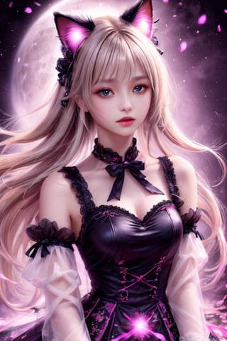 Masterpiece, Very High Stereotypes, Very Detailed Unity 8k CG wallpaper, Fantasy theme, Depressing feeling, Detailed face, Stunningly beautiful 17 year old girl, Death of a woman, Soul Destroyer, Blonde hair, Gothic Lolita dress, Cat ears, Stunningly beautiful face, Style - Whirlpool magic, Explosive magic, Candy bomb magic, real_booster, LegendDarkFantasy, Concept art, Bright colors, Red moon, Rembrandt lights.