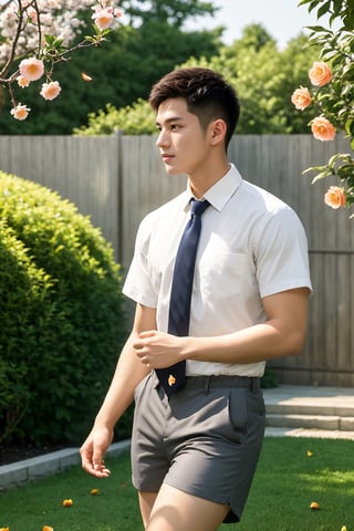 masterpiece,1 boy,Young,Handsome,Look at me,Short hair,Tea hair,Students,White shirt,Striped tie,Gray shorts,Stand,Outdoor,Garden,Peach tree,Flying petals,Light and shadow,HDR,textured skin,super detail,best quality,