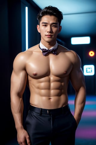 masterpiece,1 Man,Look at me,Handsome,Indoor,Nightclub,Neon light,Light and shadow,Greasy and shiny skin,Black trousers,Bow tie,Muscle,Topless,textured skin,super detail,best quality,