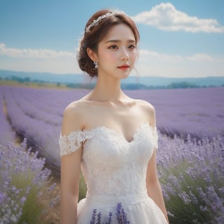 masterpiece, 1 girl, Look at me, Beautiful, Light makeup, Wearing a white wedding dress, Head yarn, Diamond Earrings, Outdoor, Light blue sky, Clouds, Lavender flower field, textured skin, super detail, best quality