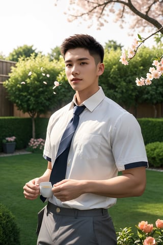 masterpiece,1 boy,Young,Handsome,Look at me,Short hair,Tea hair,Students,White shirt,Striped tie,Gray shorts,Stand,Outdoor,Garden,Peach tree,Flying petals,Light and shadow,HDR,textured skin,super detail,best quality,