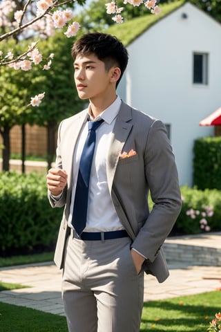 masterpiece,1 boy,Young,Handsome,Look at me,Short hair,Tea hair,Students,White shirt,Striped tie,Gray shorts,Stand,Outdoor,Garden,Peach tree,Flying petals,Light and shadow,HDR,textured skin,super detail,best quality,